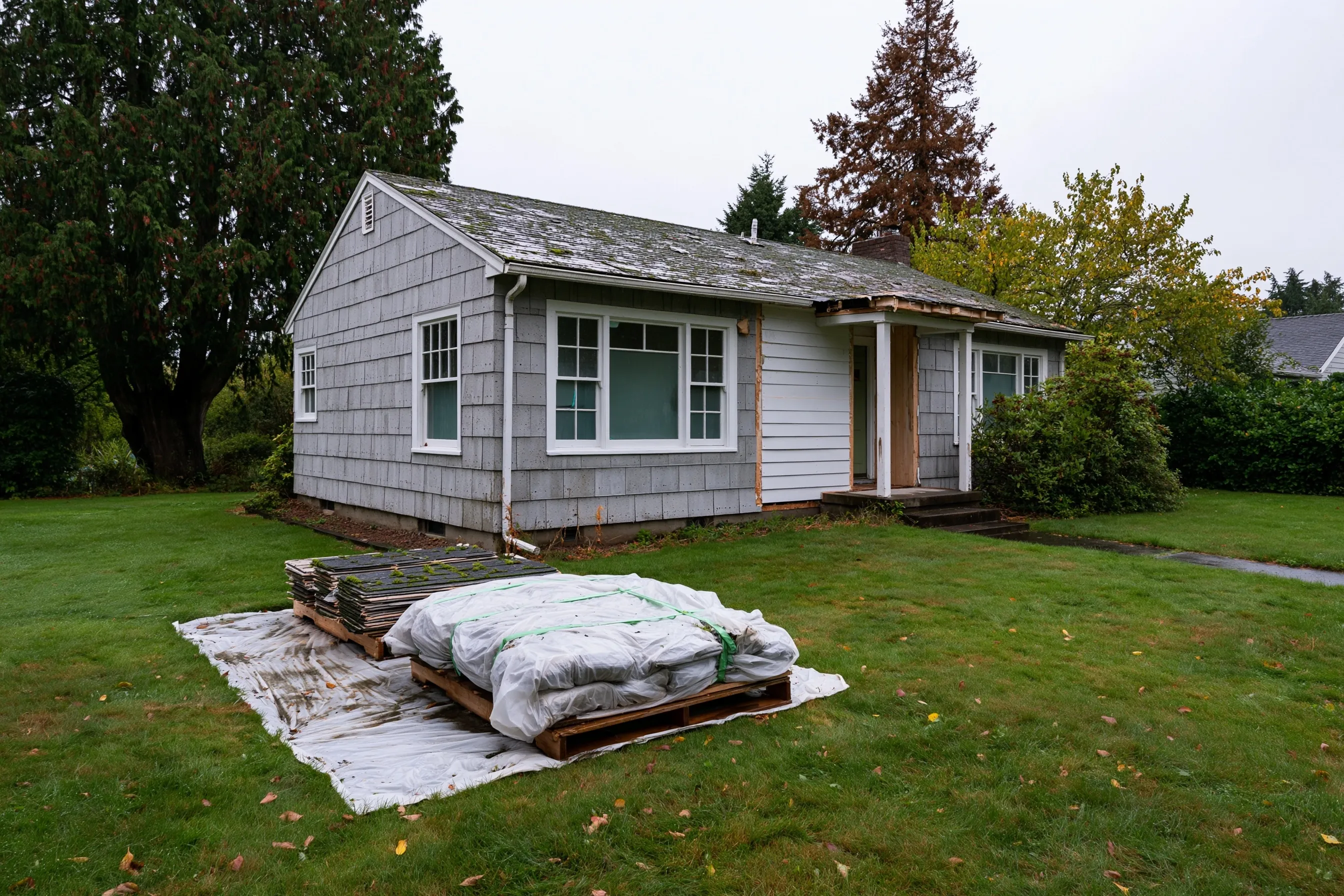 One-story house with gray cement shingles on most walls, white wood lap siding showing by the porch, and removed shingles stacked on pallets on the lawn, one stack wrapped in plastic