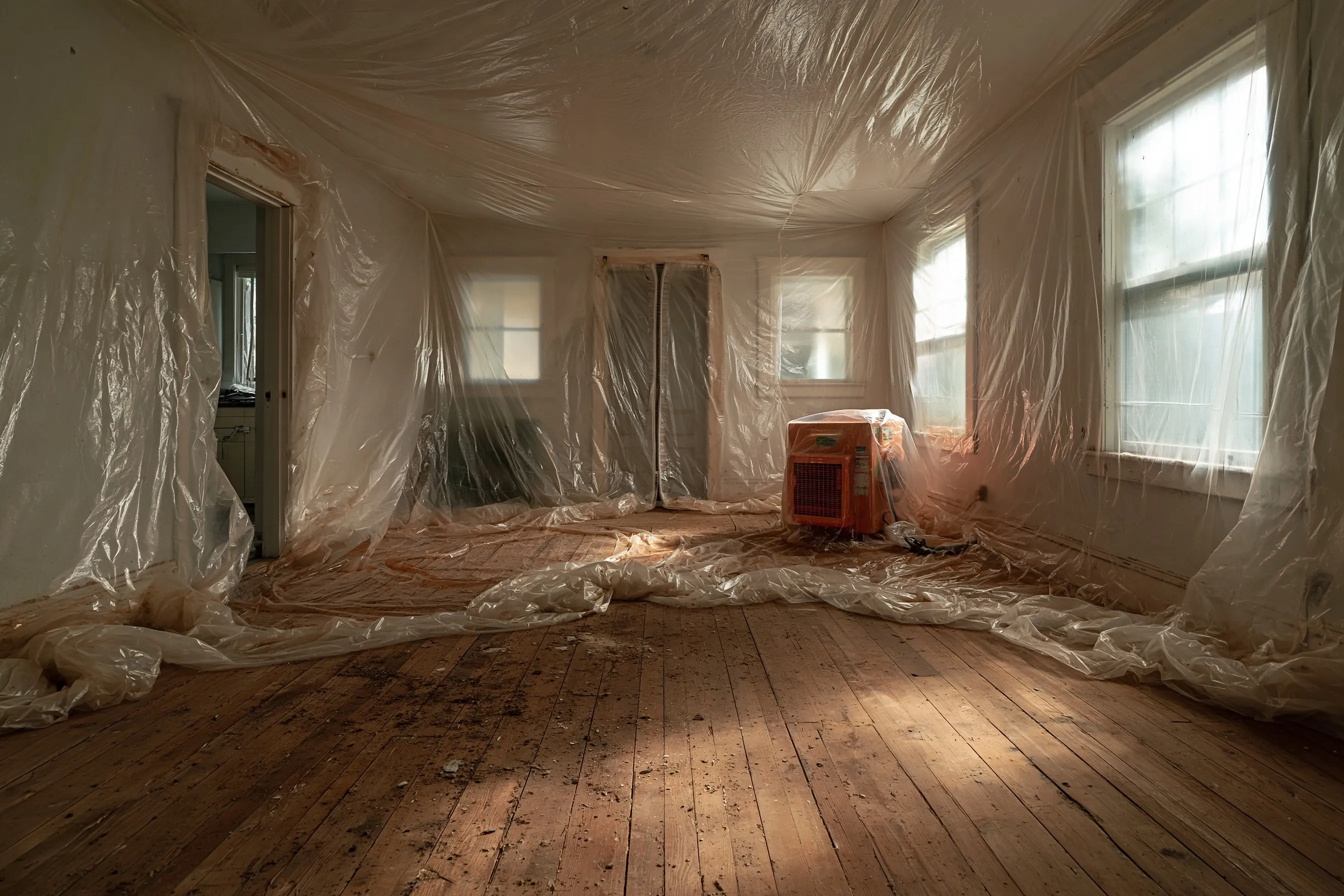 Empty room with a sealed containment partition and portable air-filtration equipment