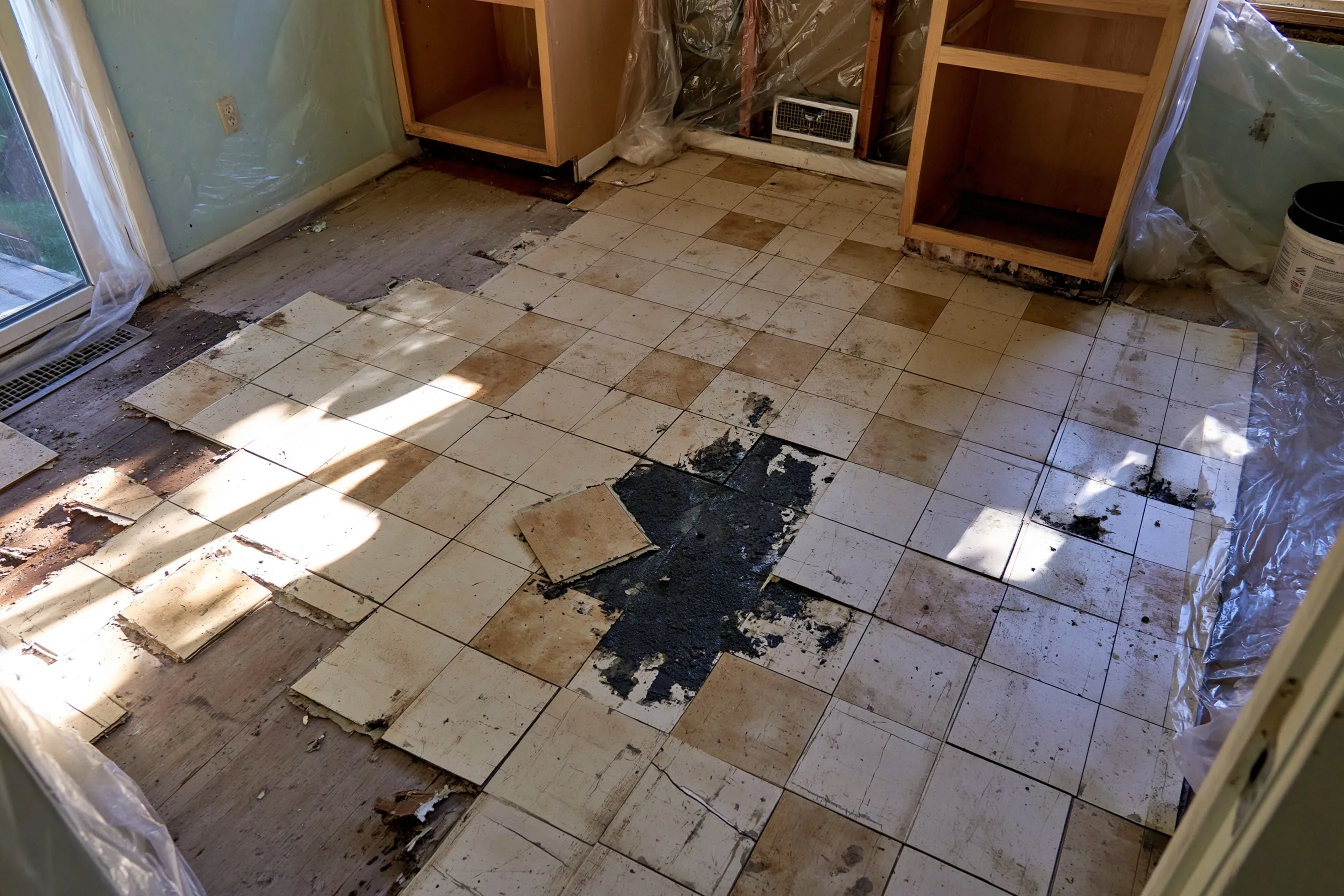 Nine-inch vinyl floor tiles and black mastic partly exposed in an older kitchen