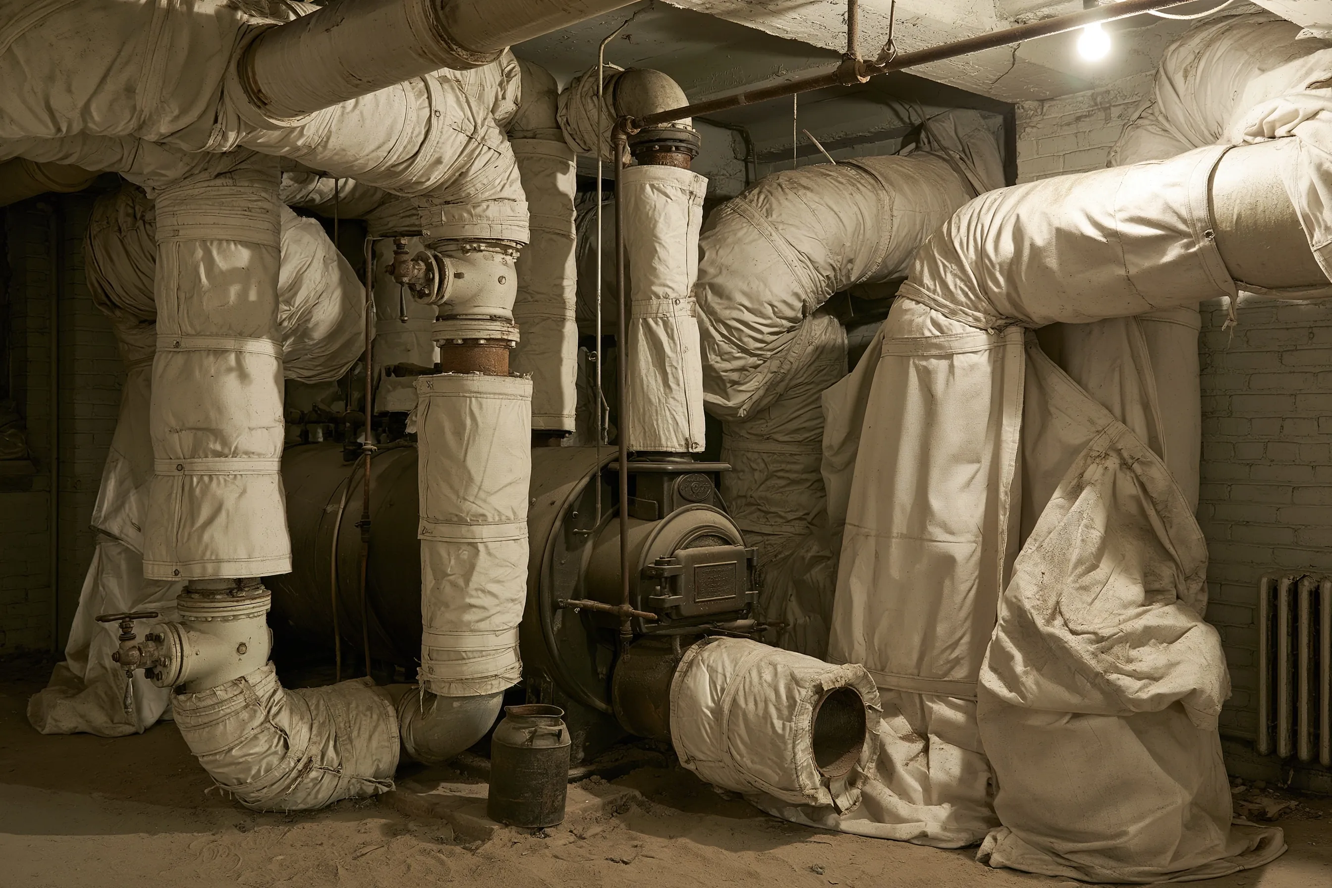 Old boiler and pipe runs with white wrapped insulation in a basement mechanical room