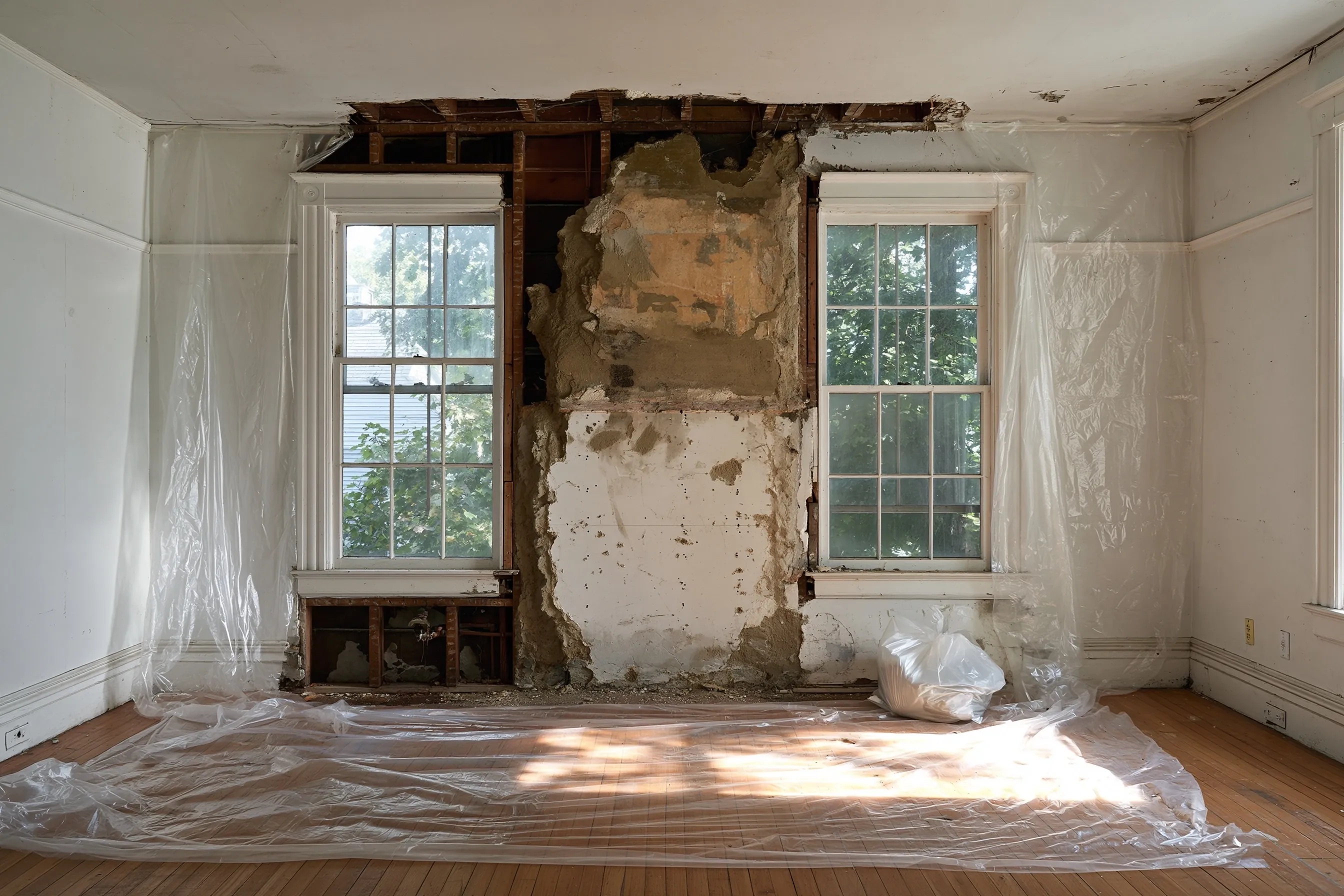 Older plaster and drywall wall opened during a remodel, joint compound visible