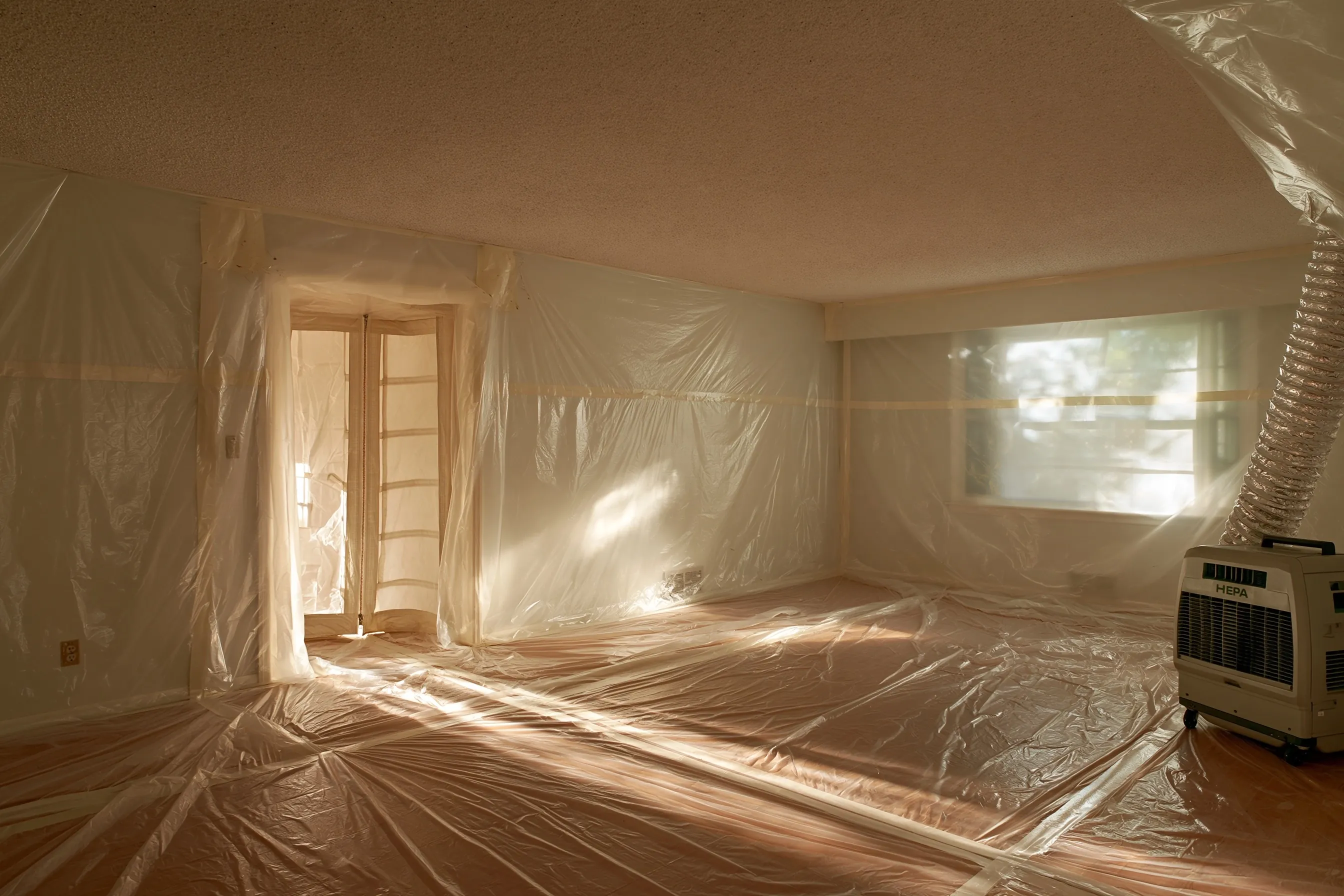 Textured popcorn ceiling in a 1970s living room sealed off with plastic sheeting